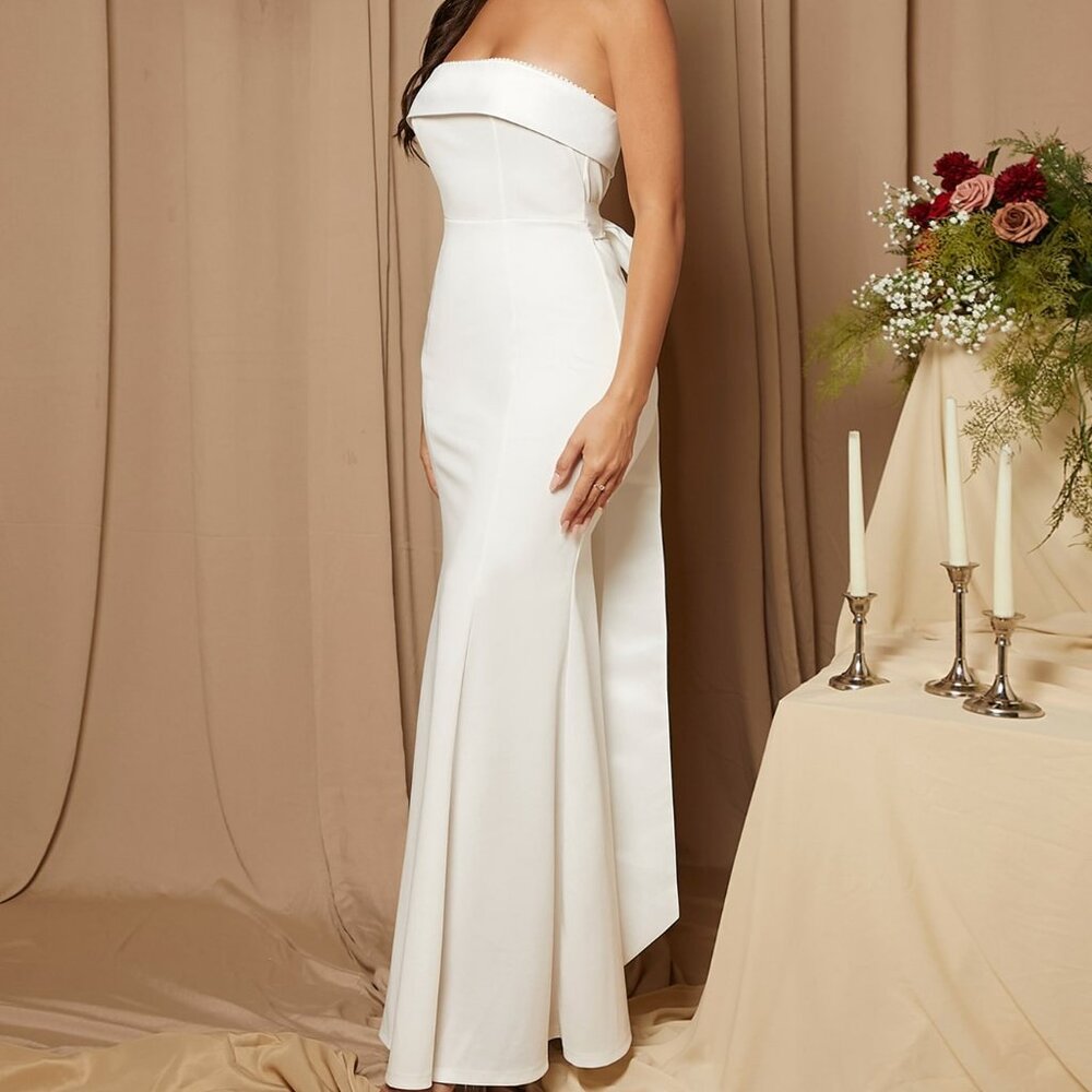 White Elegant Women's Tie Backless Tube Wedding Dress Bridal Dress - Picture 7 of 8